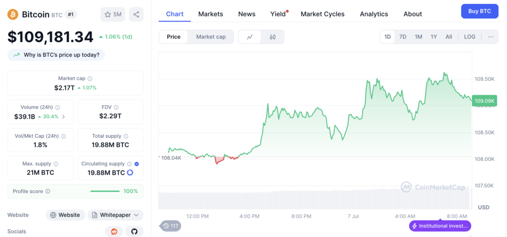 نمودار قیمت و اطلاعات بازار بیت کوین - منبع: CoinMarketCap